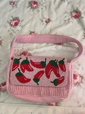 a new day Pink Shoulder Bag with Red & Green Beaded Chili Pepper Design